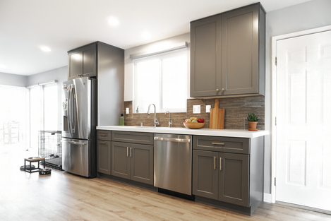 Gray shaker cabinets in galley kitchen layout