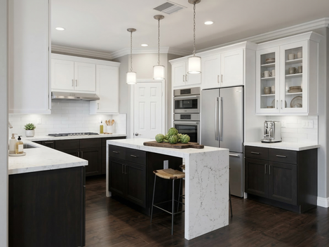 Modern kitchen with dark wood lower cabinets, white upper cabinets, and a white marble-look waterfall quartz island.