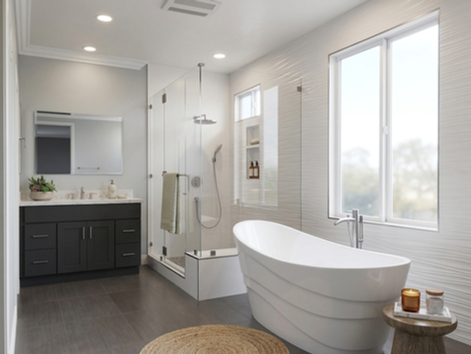 Luxury master bathroom with a white freestanding soaking tub, glass shower enclosure, and textured feature wall.