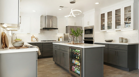 Spacious modern kitchen featuring two-tone white and charcoal shaker cabinets, a large central island with quartz countertops, stainless steel appliances, and a beverage cooler.