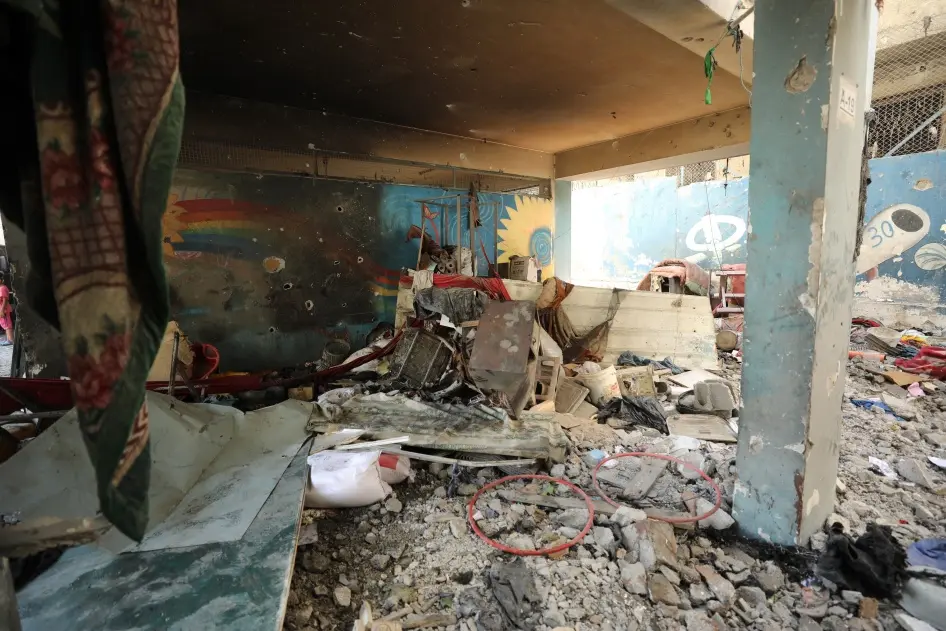 Al-Zeitoun C school in Gaza City, which an Israeli airstrike hit on September 21, 2024, killing at least 34 displaced Palestinians, including at least 21 children, who were sheltering there. © 2024 Dawoud Abo Alkas/Anadolu via Getty Images