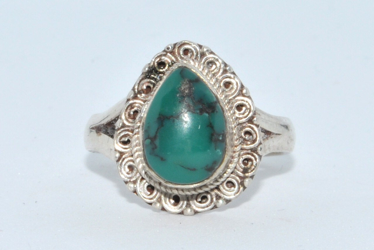 Sterling Silver Traditional Asian Vintage Style Turquoise Ring Size M 1/2 Gift