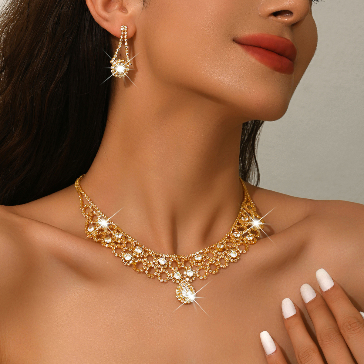 Luxury Gold Crystal Bridal Jewelry Set, Sparkling Rhinestone Choker Necklace & D