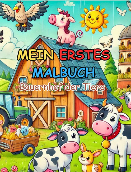 Fröhliches Malbuch für Kinder mit liebevollen Bauernhof-Szenen – enthält Kühe, Pferde, Hühner und viele weitere Tiere zum Ausmalen.