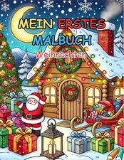 „Festliches Malbuch für Kinder mit wunderschönen Weihnachtsmotiven – enthält Schneemänner, Weihnachtsbäume, Geschenke und den Weihnachtsmann zum Ausmalen.“ 