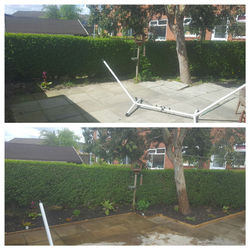 Before and after jet washing a patio