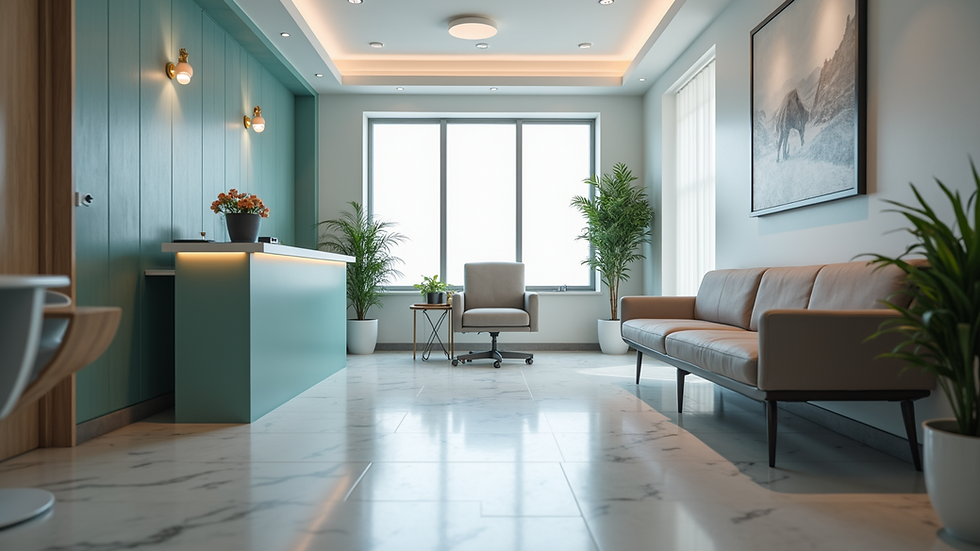 Eye-level view of a modern ENT clinic reception area with comfortable seating