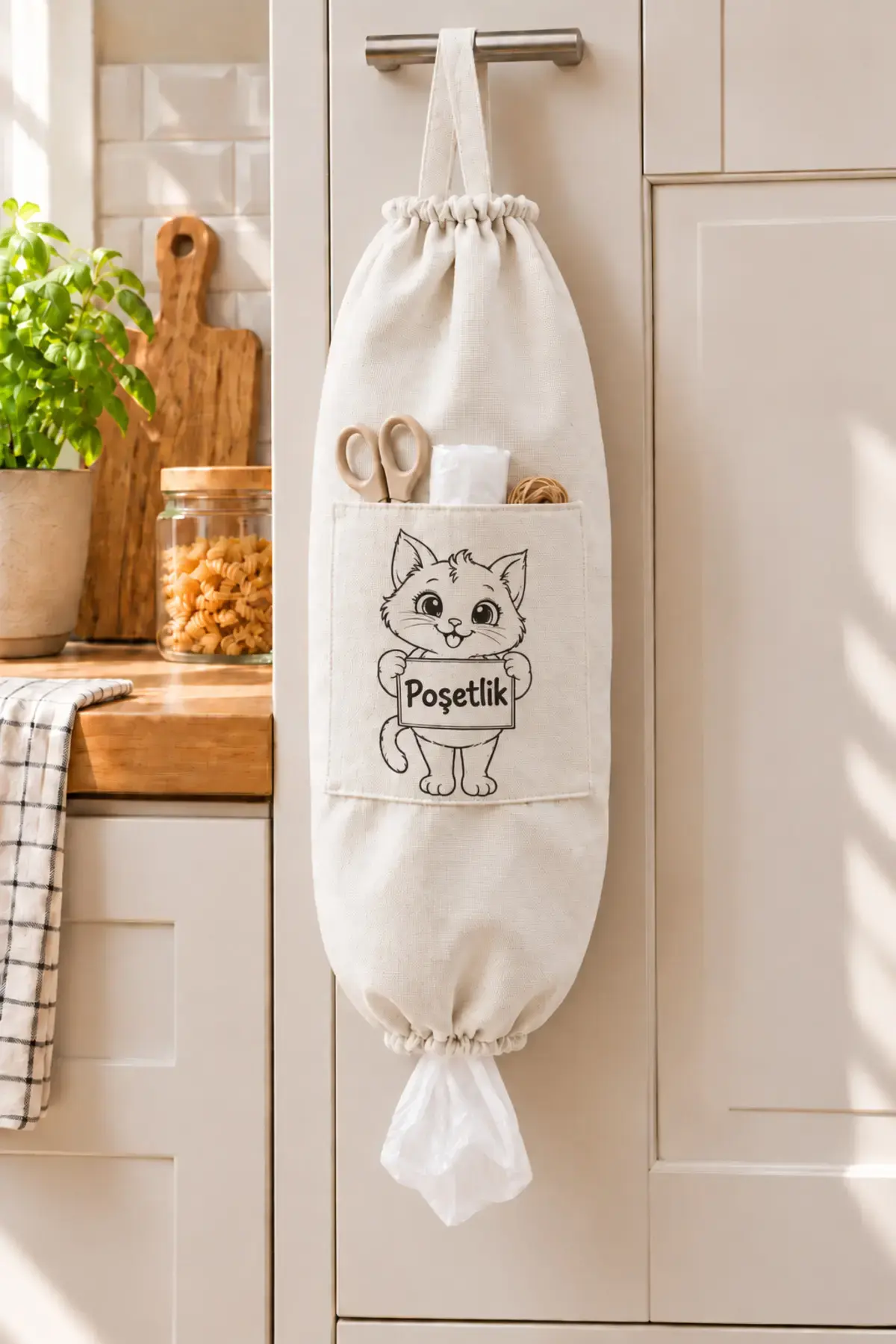 Cepli Asılabilir Kedi Desenli Poşetlik, Mutfak Poşet Düzenleyici Saklama