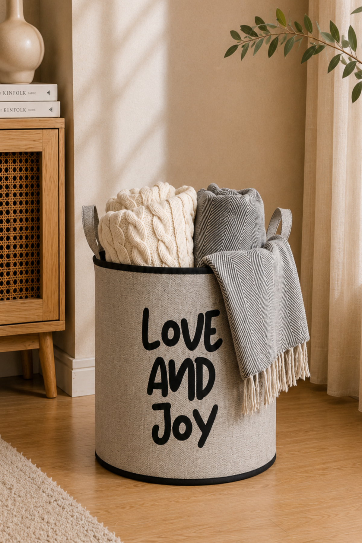 Love And Joy Yazılı Bej Jüt Görünümlü Premium Sepet – EVA Destekli Sepet