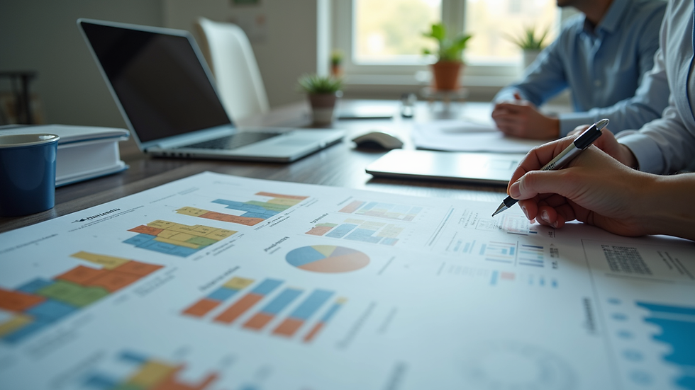 Eye-level view of a modern office workspace with SEO strategy charts