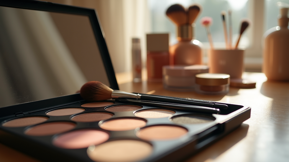 Eye-level view of bridal makeup kit with brushes and cosmetics