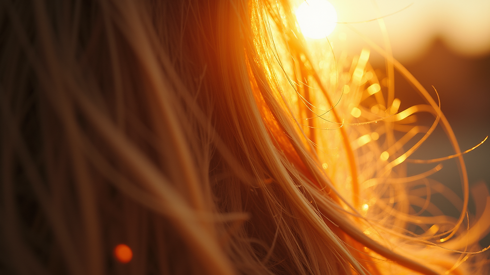 Close-up view of hair strands with golden global highlights shining under natural light