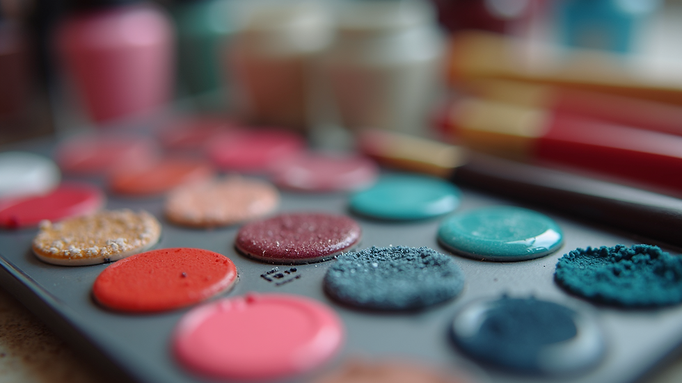 Eye-level view of a nail art palette with various colorful polishes and brushes