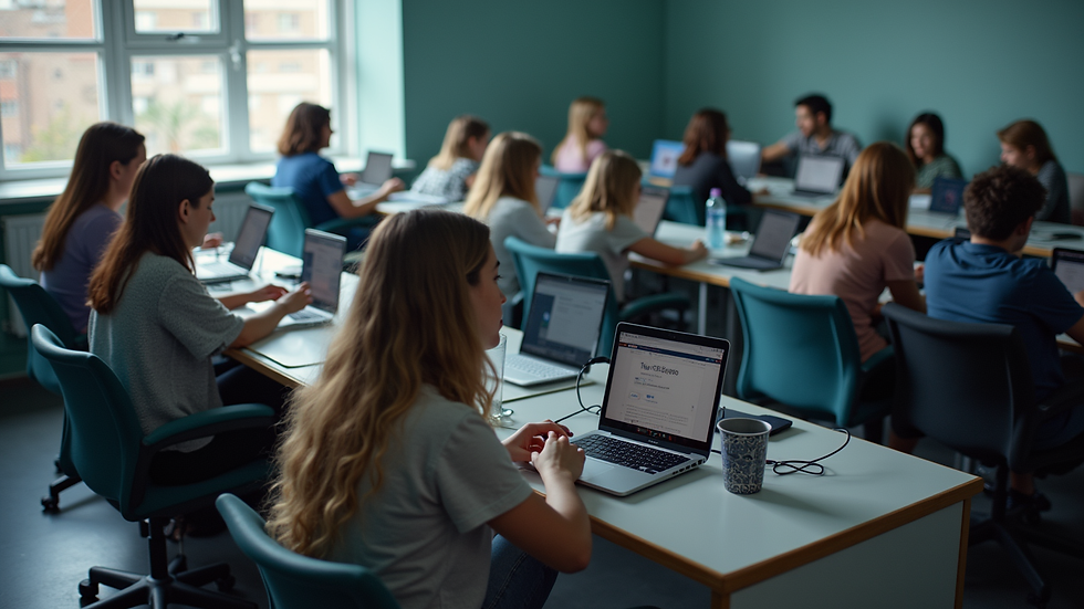 High angle view of a classroom with students using laptops connected to internet