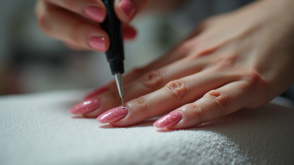 Close-up view of a nail art design being applied in a salon