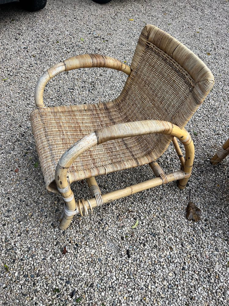 Miniature : Lot de 2 fauteuils rotin + table 1960/70