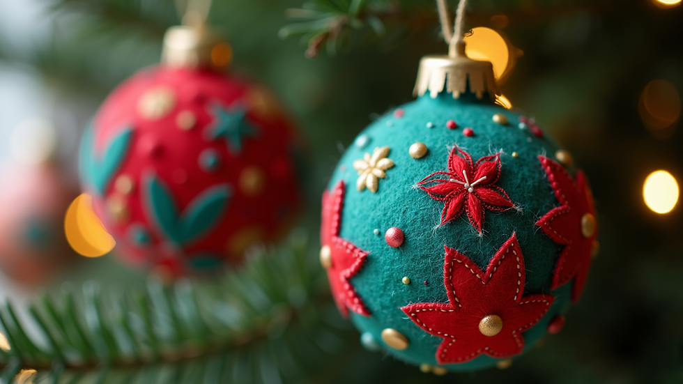 Close-up view of colorful handmade felt ornaments hanging on a Christmas tree