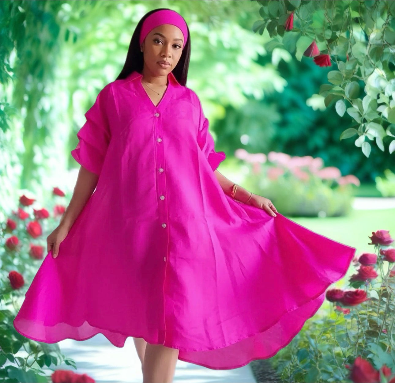 Swing Dress/ Faux Silk/ Ruffle Sleeve 