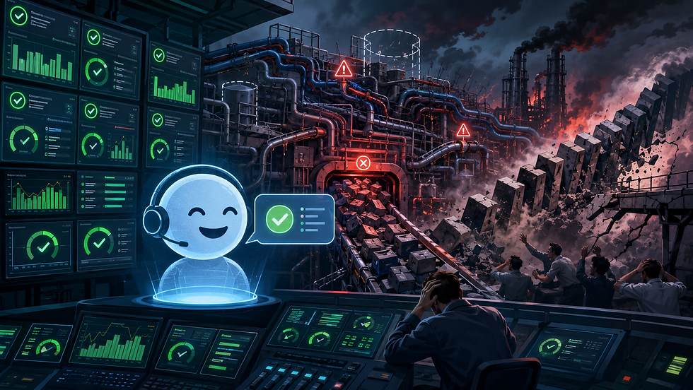 ein lachender Chatbot, im Hintergrund zerstörte Fabrik