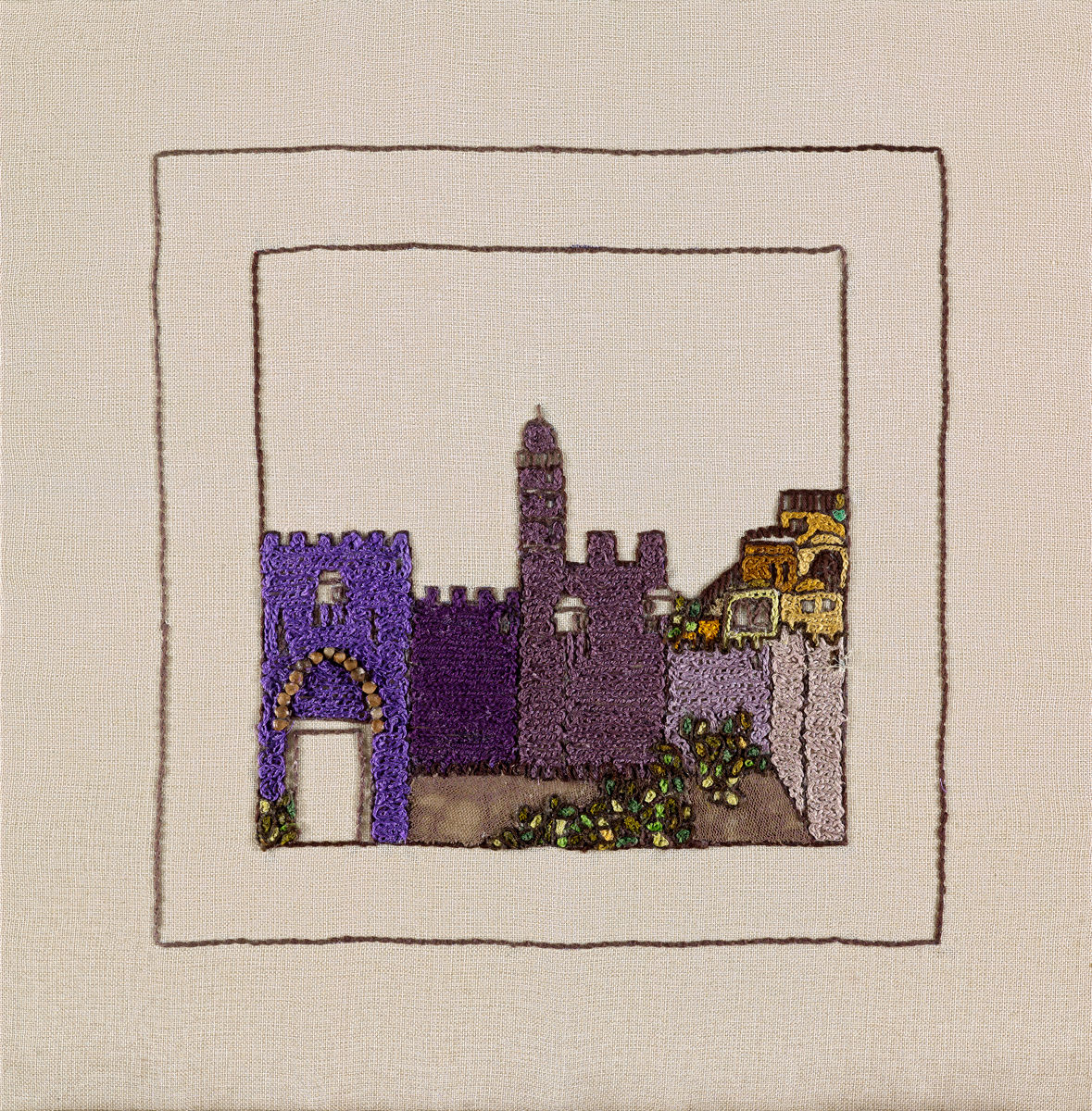 JERUSALEM PANORAMA-PURPLE MIGDAL-The Original Hand Embroidered Artwork