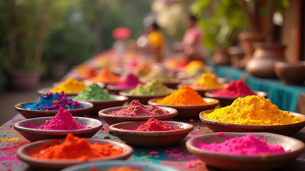 Eye-level view of a beautifully decorated Holi party buffet table with vibrant dishes
