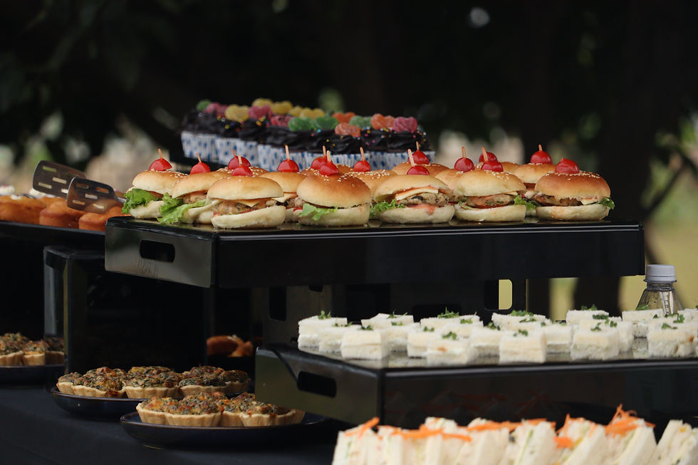 Eye-level view of a buffet table with assorted dishes arranged neatly