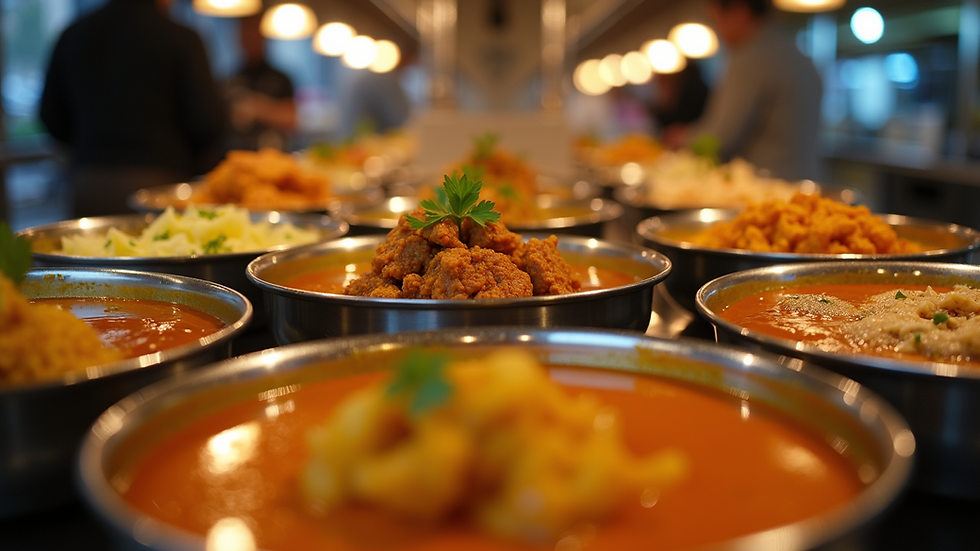 Eye-level view of a buffet setup with Indian dishes
