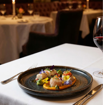 Elegant fine dining table setting with crystal glassware and candlelight in a warm, inviting atmosphere