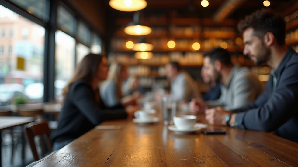 Eye-level view of a local coffee shop with customers enjoying their drinks