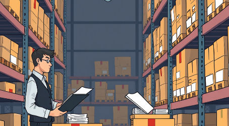 Un compta en cours d'inventaire dans un stock face à des rayonnage de cartons