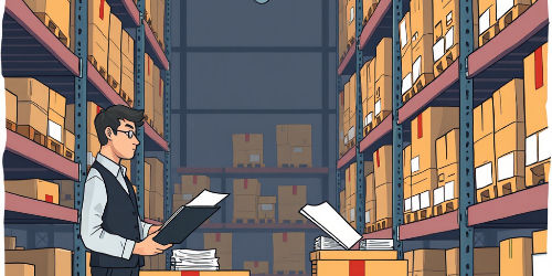 Un compta en cours d'inventaire dans un stock face à des rayonnage de cartons