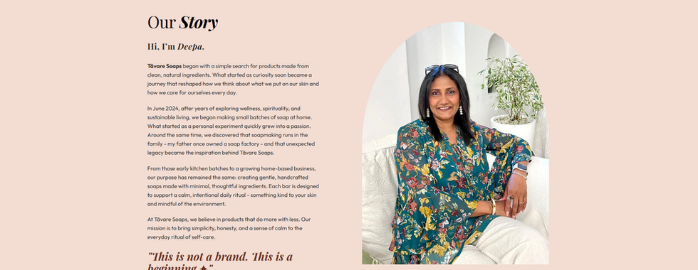 About page of Tavare Soaps featuring founder story with a portrait image and brand narrative content.