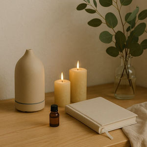 A soft wellness routine setup combining natural textures, gentle candlelight, and soothing scents to support your self-care rituals. Perfect for journaling, meditation, or a mindful break during the day.