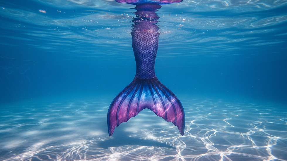 Close-up view of a mermaid tail fin submerged in clear pool water
