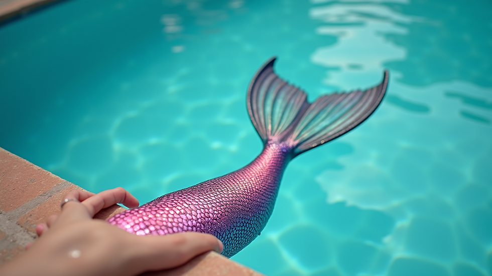 Close-up view of a colorful mermaid tail resting on the edge of a swimming pool