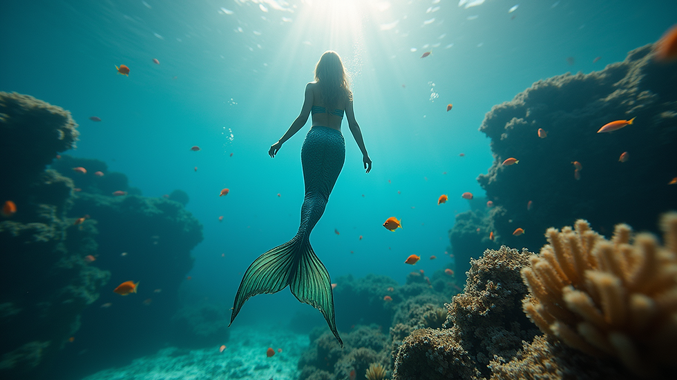 Eye-level view of a serene underwater scene with a mermaid tail and colorful fish