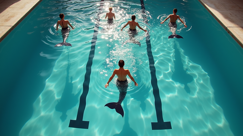 High angle view of a swimming pool with a group of mermaid course participants practicing