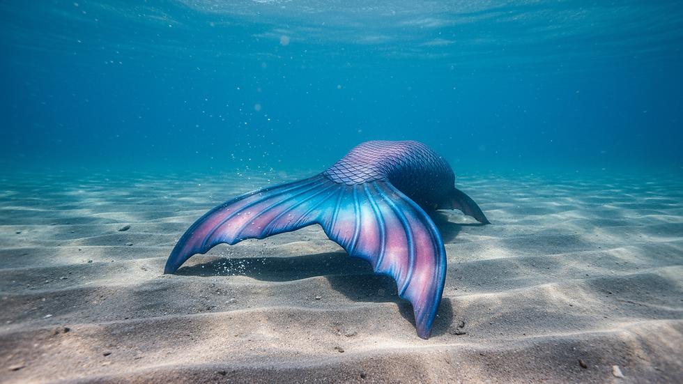 Close-up view of a silicone mermaid tail on a sandy beach