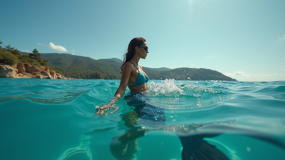 Wide angle view of a mermaid freediving instructor demonstrating safety techniques in open water
