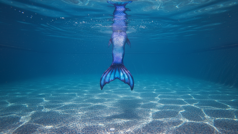 Eye-level view of a swimming pool with a single mermaid tail floating on the water surface