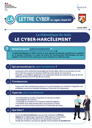 La gendarmerie du Grand-Est donne des informations sur le cyber-harcèlement.