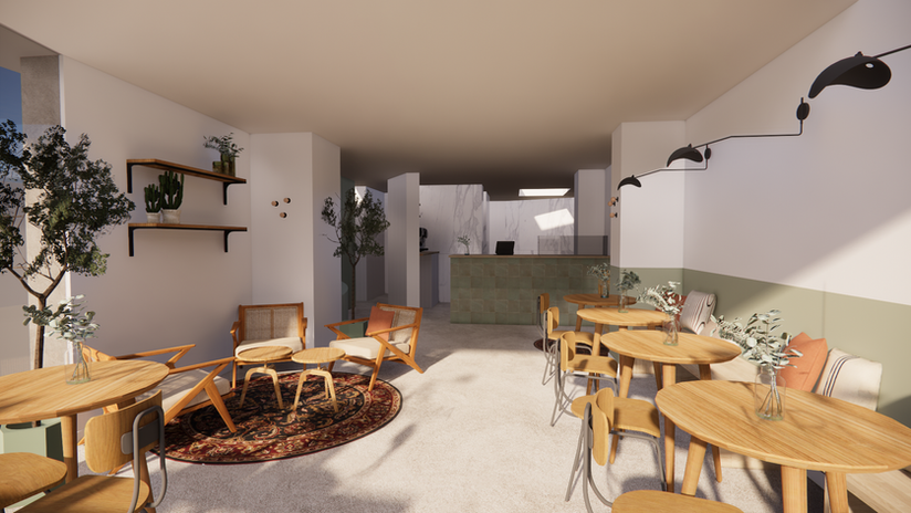 Rénovation et aménagement d'un espace commercial/coffee house à Namur. Dans un style unique et chaleureux mêlant originalité, caractère et douceur.