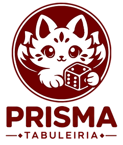 Logo da marca com a raposa em branco segurando um dado vermelhoe um fundo bordô e o texto prisma tabuleiria abaixo em bordô