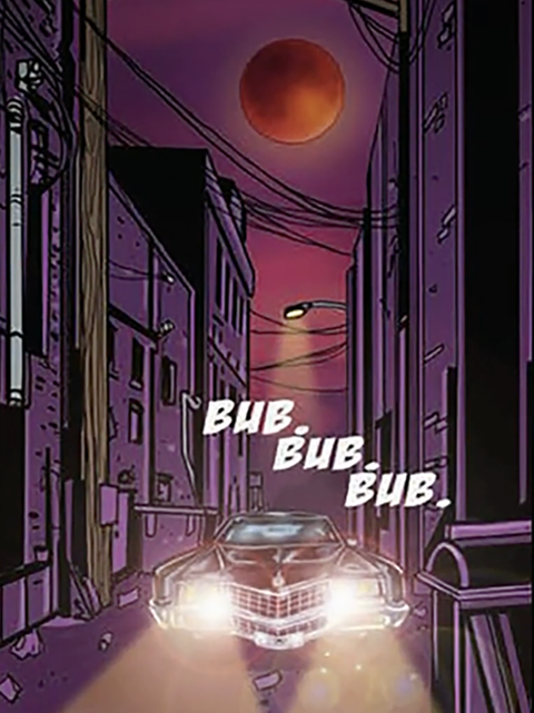 Cadillac in an alley at night under a red moon.