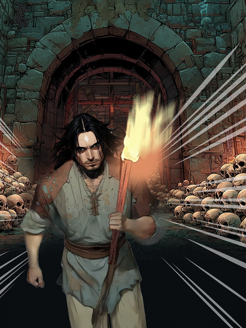 Star running through underground catacombs carrying a torch