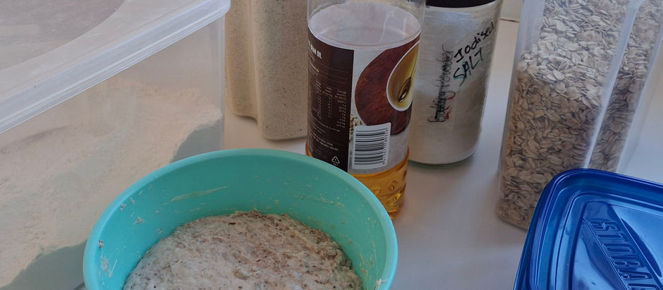 Sourdough starter and dry ingredients on a bench. Used as a metaphor for 2 Peter 1:3