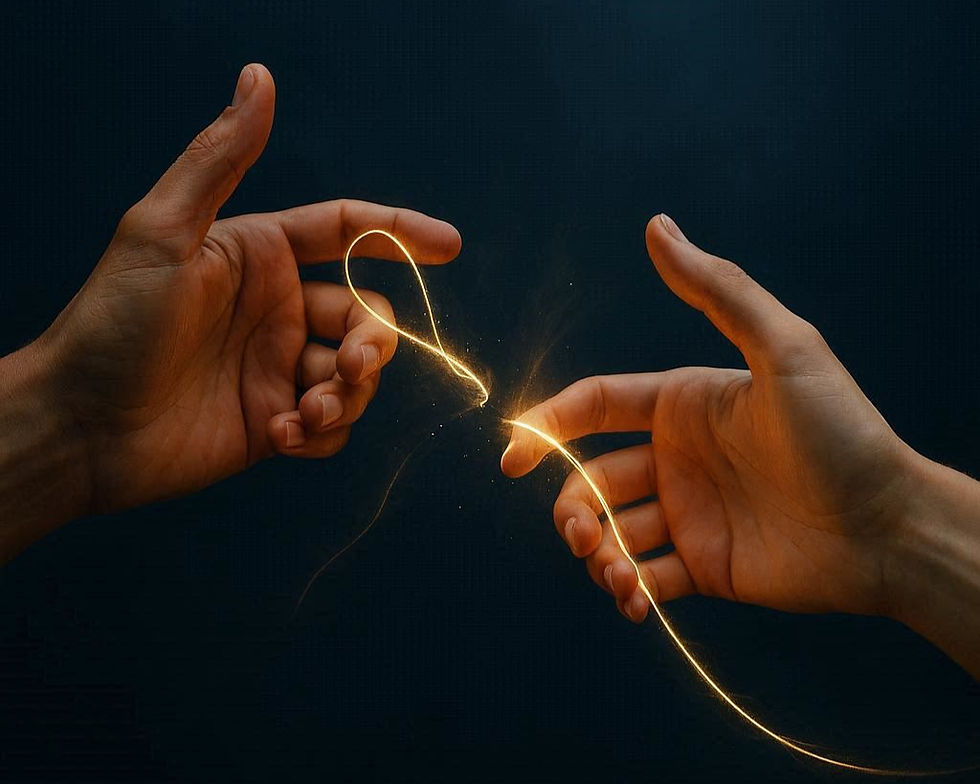 Duas mãos quase se tocando enquanto um fio de luz dourada conecta seus dedos, simbolizando laços energéticos e o processo espiritual de corte de laços entre duas pessoas.