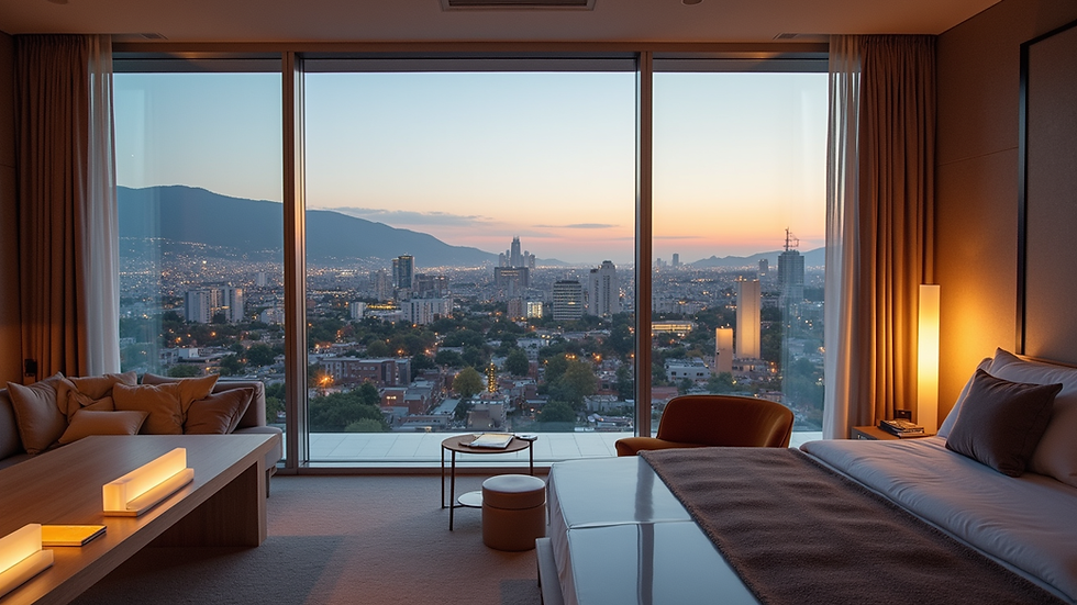 Vista panorámica de un hotel moderno con áreas comunes iluminadas