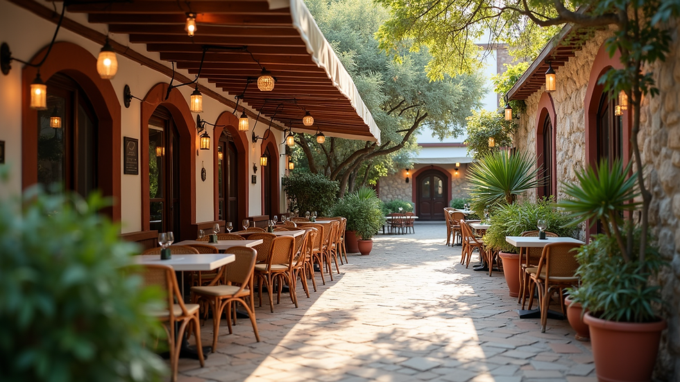 Vista a nivel de calle de un restaurante turístico con terraza y decoración acogedora