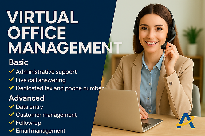 Virtual office management services providing administrative support, live call answering, customer management, email handling
